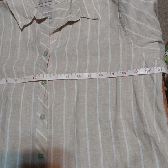 Chico's 100% Linen Tan White Striped FreshChic Non Iron Button Up Size 2 12/14 L - Picture 6 of 9